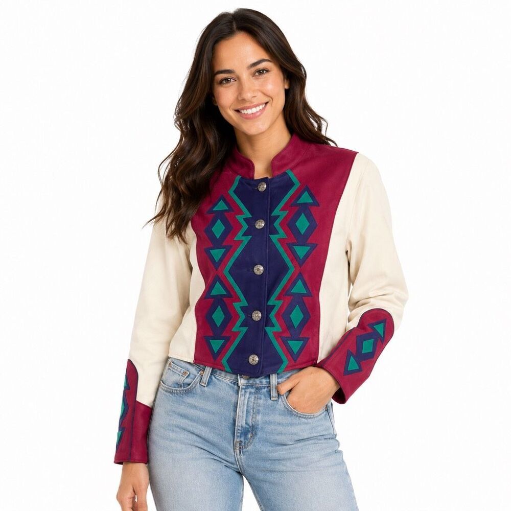 VINTAGE TO DY FOR Women’s Cream Purple Teal Southwestern Cropped Jacket Medium